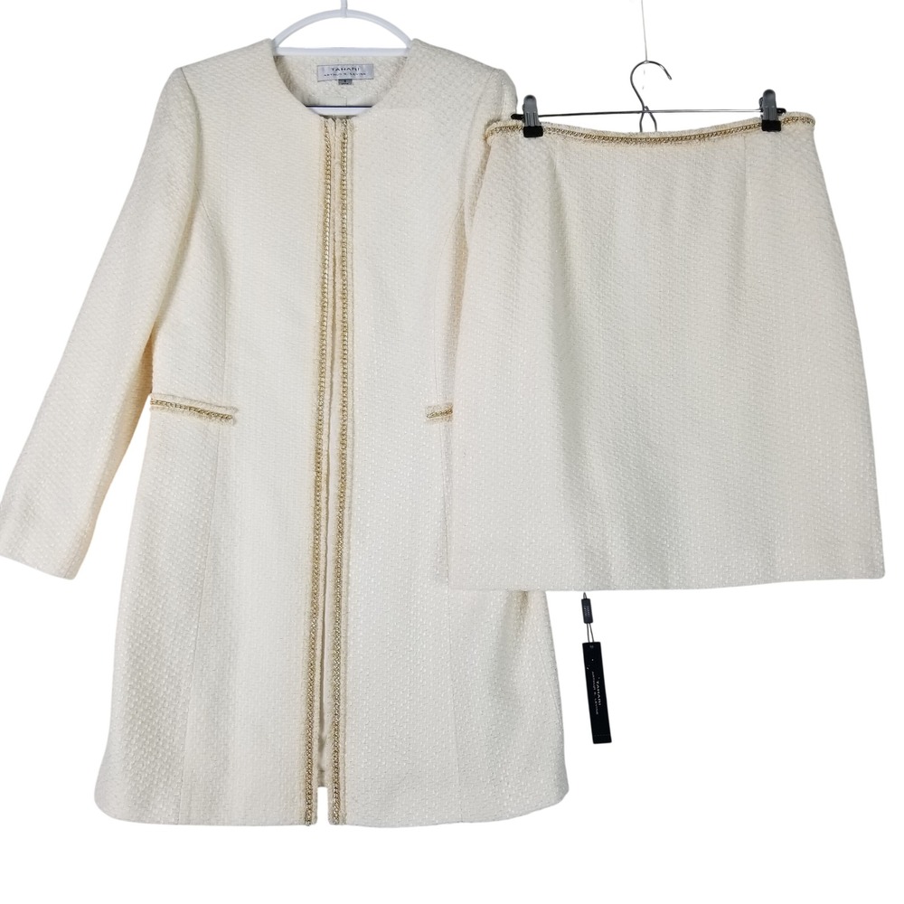Tahari Skirt Suit Women 8 Ivory White Geovanni Tweed Chain Trim 2pc Set